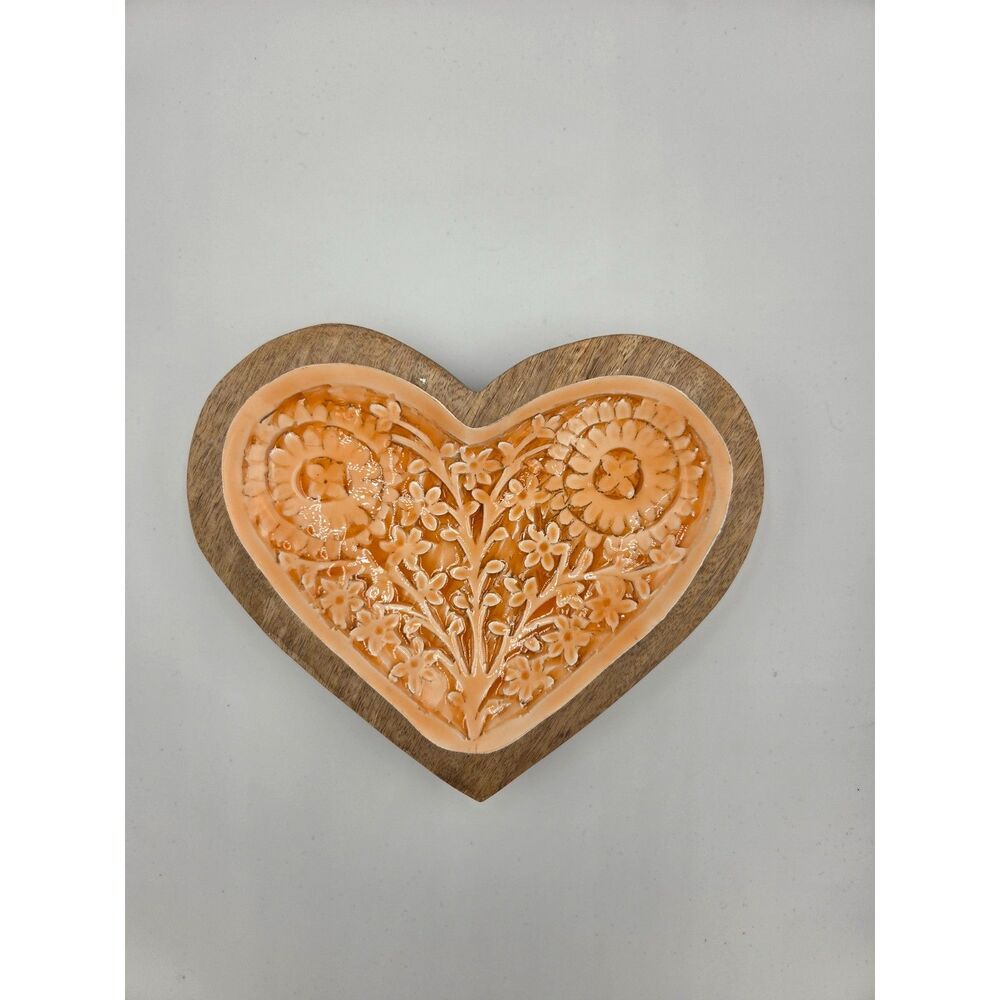 Mango Wood Heart Floral Resin Trivet Tray 9.5" Made in India Boho Cottage Decor